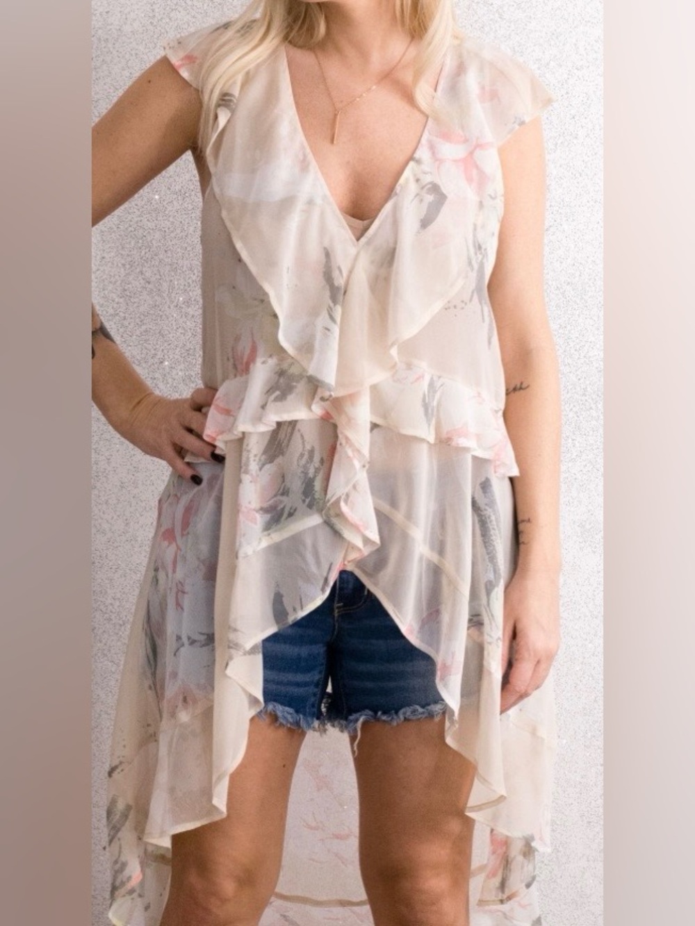 Leith Sheer Floral Ruffle Draped Blouse Light Pink & White